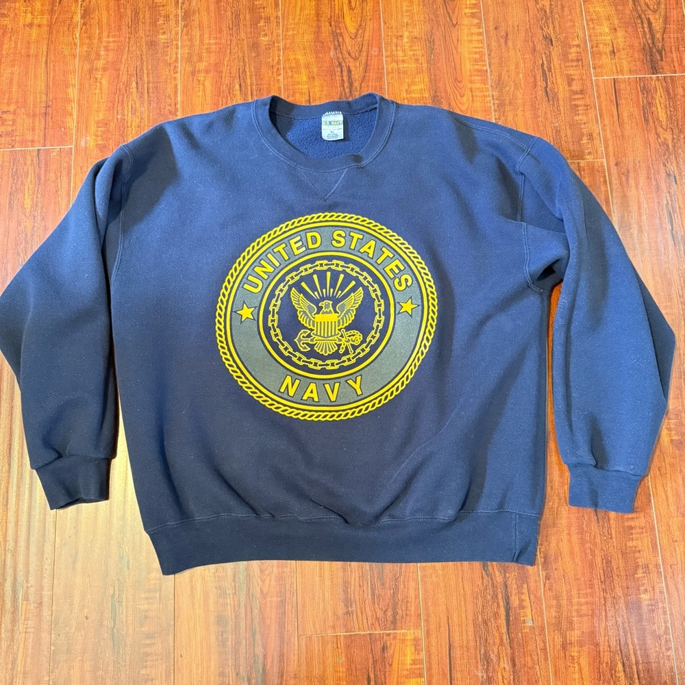 VTG US Navy Sweatshirt Labeled Mens XL Fits Lrg Blue Made In USA Preowned Read!